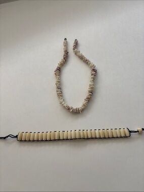Puka Shell Chip Necklace and Bone Bracelet Set - Natural Ivory & Soft Lavender
